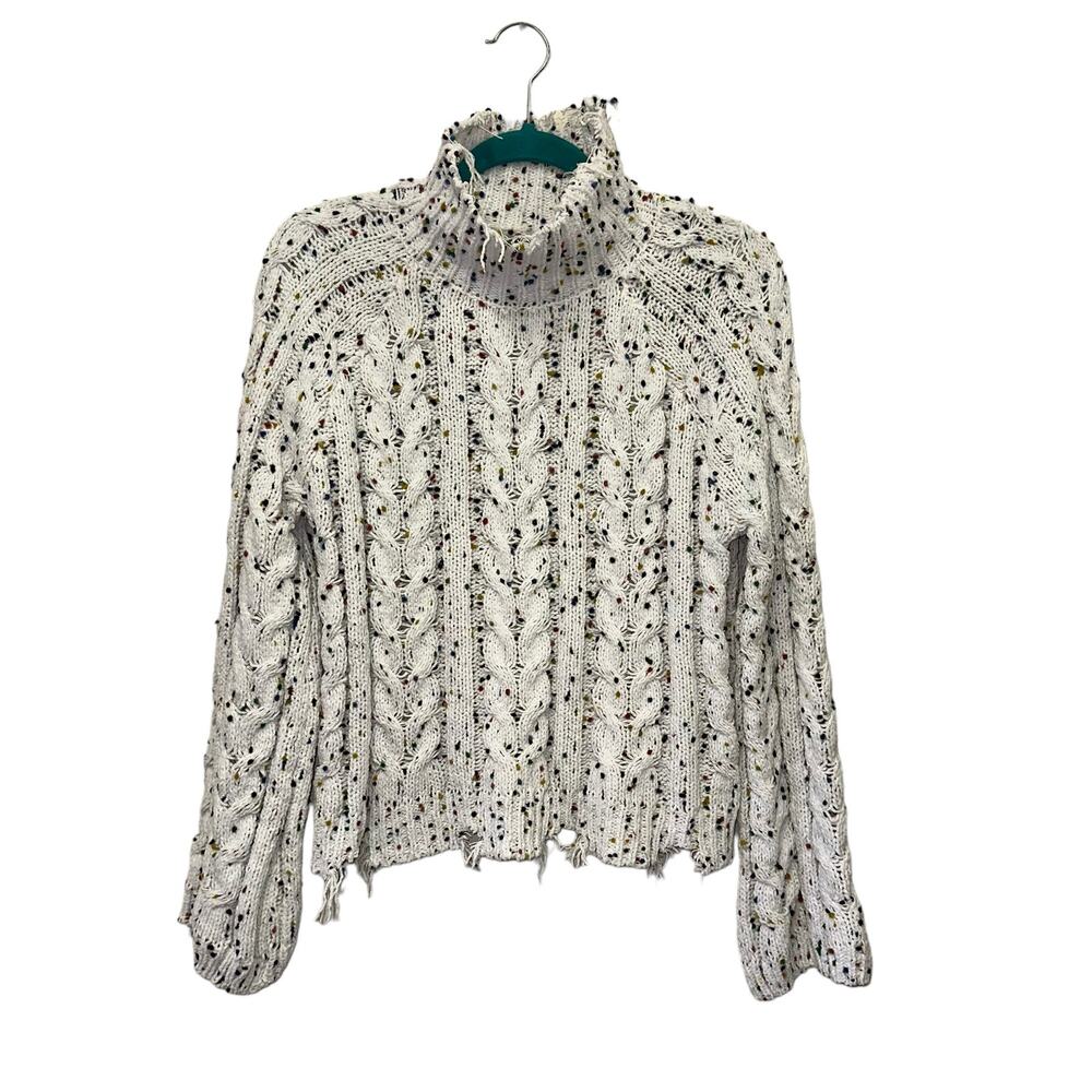 Almost Famous Cable Knit Cropped‎ Mockneck Sweater Large Confetti Distressed Hem